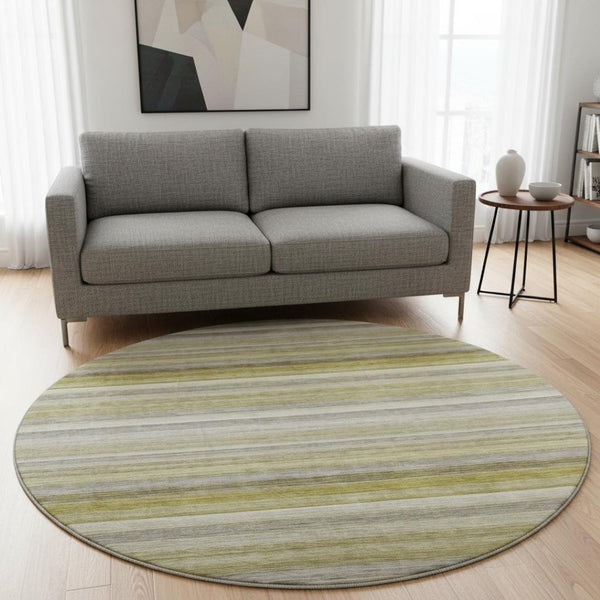 HomeRoots 8' Stylish Wheat Gray and Ivory Striped Washable Round Rug with UV Protection for Busy Homes 648061