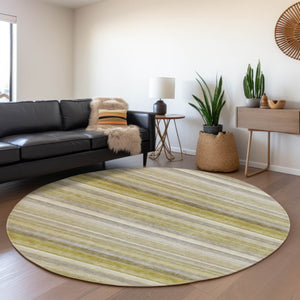 HomeRoots 8' Stylish Wheat Gray and Ivory Striped Washable Round Rug with UV Protection for Busy Homes 648061
