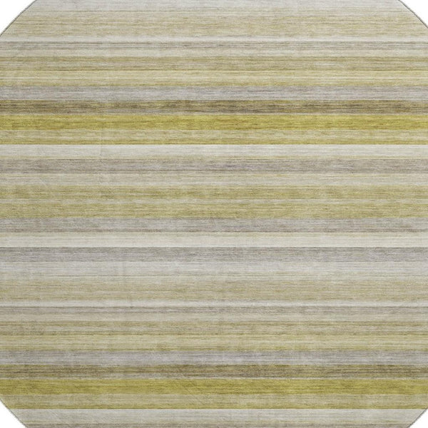 HomeRoots 8' Stylish Wheat Gray and Ivory Striped Washable Round Rug with UV Protection for Busy Homes 648061