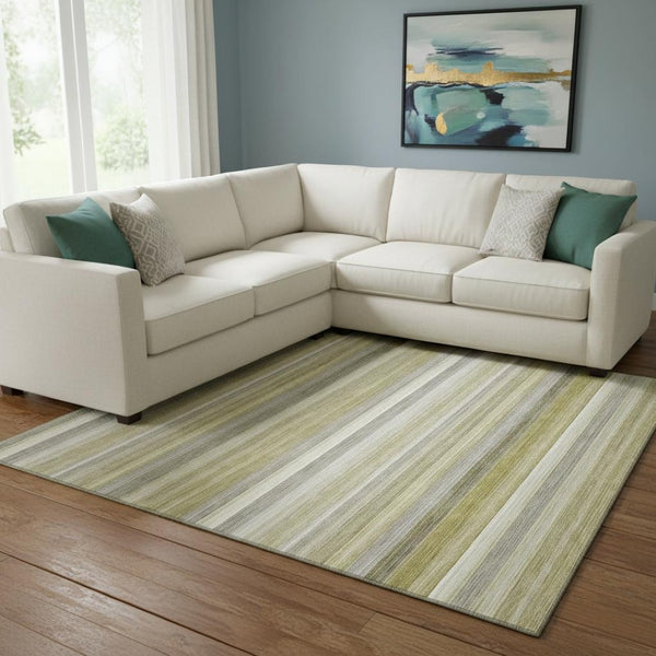 HomeRoots 8' X 10' Wheat Gray & Ivory Striped Washable Area Rug – UV Protected, Durable & Easy Care Perfect for Homes! 648062
