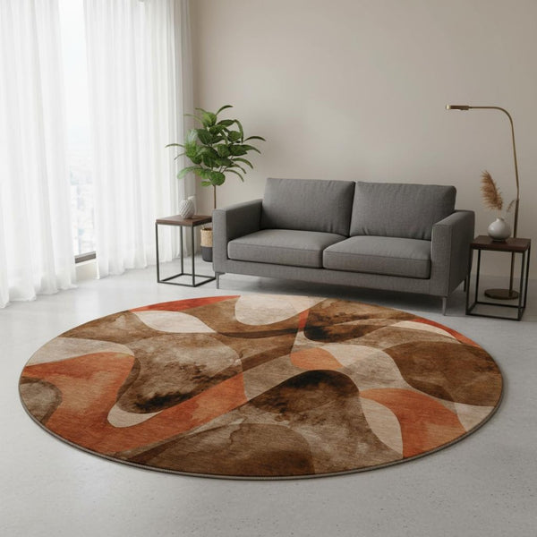 HomeRoots 8' Washable Round Rug in Chocolate, Beige & Copper - UV Protected, Stain Resistant, Modern Abstract Design 648067