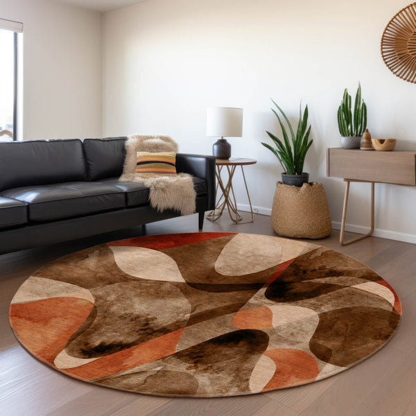 HomeRoots 8' Washable Round Rug in Chocolate, Beige & Copper - UV Protected, Stain Resistant, Modern Abstract Design 648067