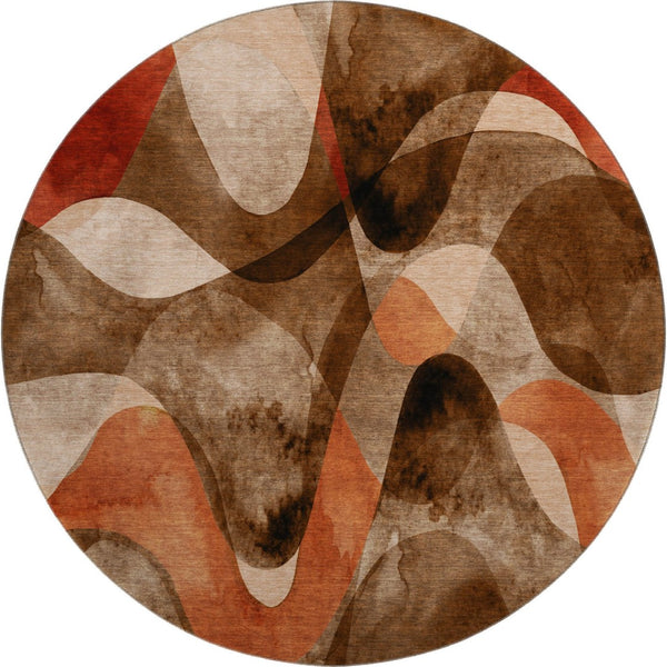 HomeRoots 8' Washable Round Rug in Chocolate, Beige & Copper - UV Protected, Stain Resistant, Modern Abstract Design 648067