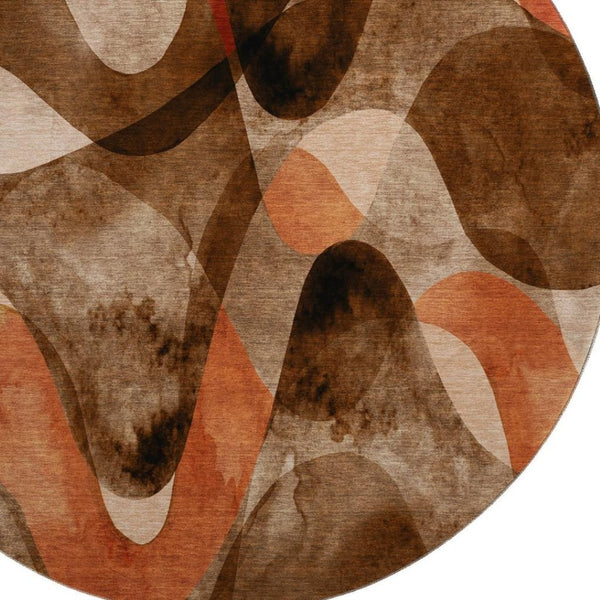 HomeRoots 8' Washable Round Rug in Chocolate, Beige & Copper - UV Protected, Stain Resistant, Modern Abstract Design 648067