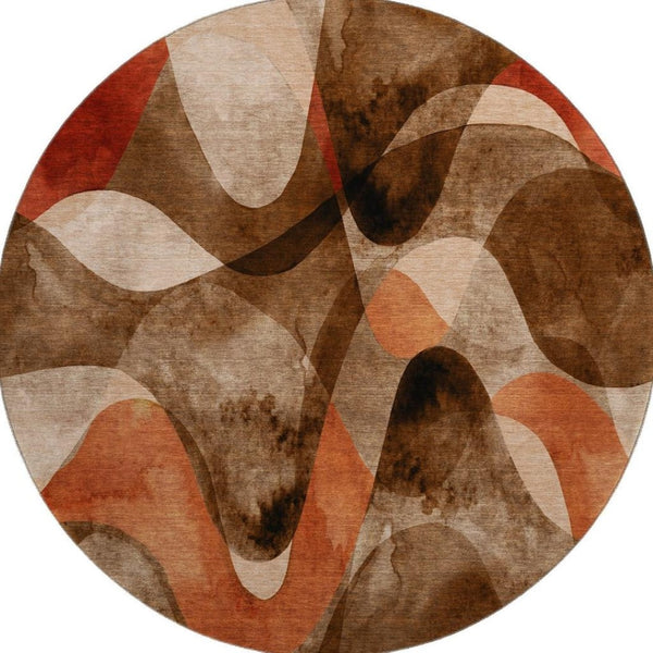 HomeRoots 8' Washable Round Rug in Chocolate, Beige & Copper - UV Protected, Stain Resistant, Modern Abstract Design 648067