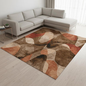 HomeRoots 8' X 10' Washable Abstract Area Rug in Chocolate, Beige & Copper - UV Protected, Kid & Pet Friendly! 648068