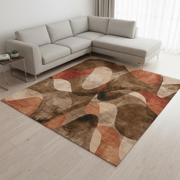 HomeRoots 8' X 10' Washable Abstract Area Rug in Chocolate, Beige & Copper - UV Protected, Kid & Pet Friendly! 648068