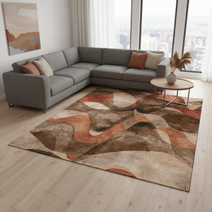 HomeRoots 9' X 12' Abstract Washable Area Rug in Chocolate Beige & Copper - UV Protected, Durable & Stylish 648069