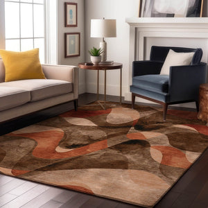 HomeRoots 9' X 12' Abstract Washable Area Rug in Chocolate Beige & Copper - UV Protected, Durable & Stylish 648069