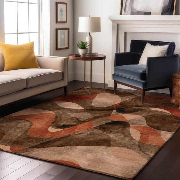 HomeRoots 10' X 14' Chocolate Beige & Copper Abstract Washable Area Rug with UV Protection for High-Traffic Use 648070
