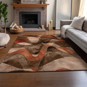 HomeRoots 10' X 14' Chocolate Beige & Copper Abstract Washable Area Rug with UV Protection for High-Traffic Use 648070