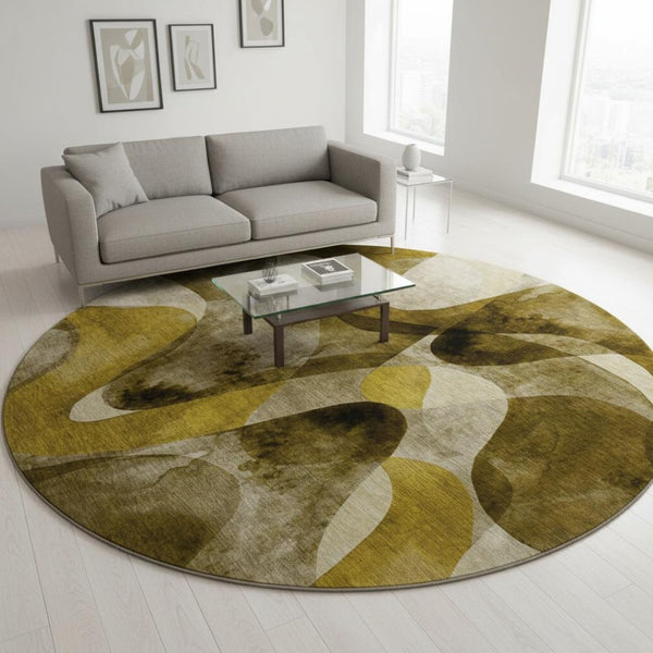 HomeRoots 8' Washable Round Rug in Coffee Gold & Ivory Abstract Design - UV Protected, Durable & Stylish! 648073