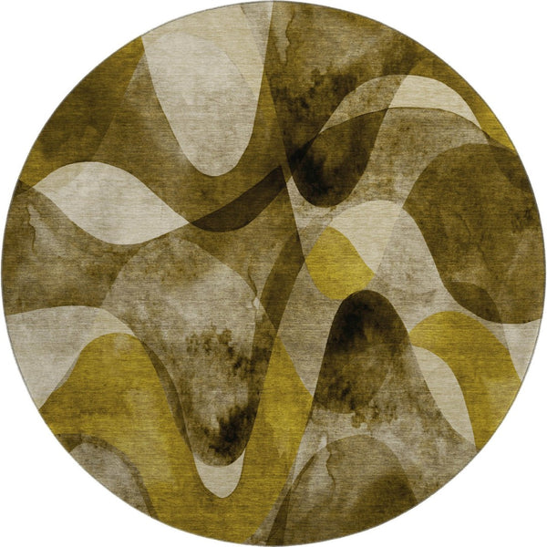 HomeRoots 8' Washable Round Rug in Coffee Gold & Ivory Abstract Design - UV Protected, Durable & Stylish! 648073