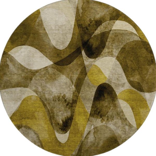 HomeRoots 8' Washable Round Rug in Coffee Gold & Ivory Abstract Design - UV Protected, Durable & Stylish! 648073