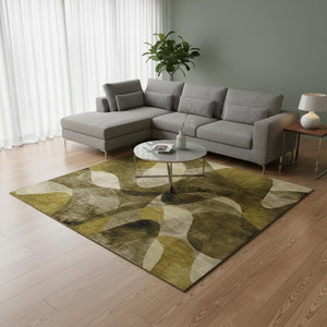 HomeRoots 8' X 10' Modern Abstract Area Rug in Coffee, Gold & Ivory – Stain Resistant, UV Protected, Durable Design 648074