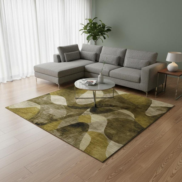 HomeRoots 8' X 10' Modern Abstract Area Rug in Coffee, Gold & Ivory – Stain Resistant, UV Protected, Durable Design 648074