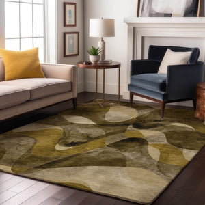 HomeRoots 8' X 10' Modern Abstract Area Rug in Coffee, Gold & Ivory – Stain Resistant, UV Protected, Durable Design 648074