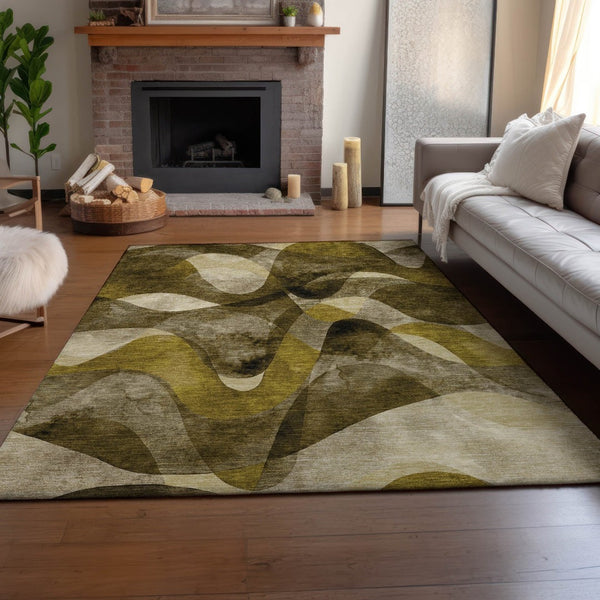 HomeRoots 8' X 10' Modern Abstract Area Rug in Coffee, Gold & Ivory – Stain Resistant, UV Protected, Durable Design 648074