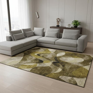 HomeRoots 10' X 14' Coffee Gold and Ivory Abstract Area Rug - Washable, UV Protected, Stain Resistant Design 648076