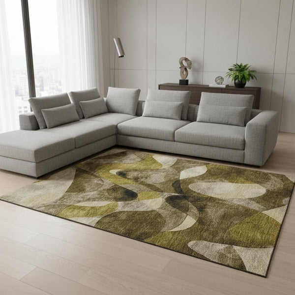 HomeRoots 10' X 14' Coffee Gold and Ivory Abstract Area Rug - Washable, UV Protected, Stain Resistant Design 648076