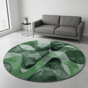 HomeRoots 8' Washable Fern Green, Gray & Ivory Abstract Round Rug with UV Protection for Modern Homes 648079
