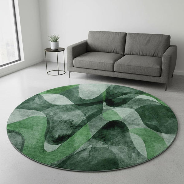 HomeRoots 8' Washable Fern Green, Gray & Ivory Abstract Round Rug with UV Protection for Modern Homes 648079