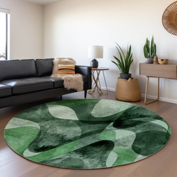 HomeRoots 8' Washable Fern Green, Gray & Ivory Abstract Round Rug with UV Protection for Modern Homes 648079