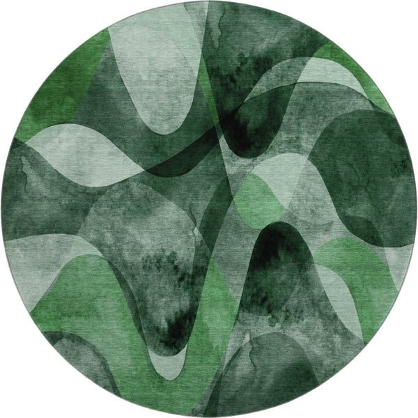 HomeRoots 8' Washable Fern Green, Gray & Ivory Abstract Round Rug with UV Protection for Modern Homes 648079