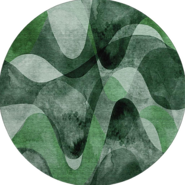 HomeRoots 8' Washable Fern Green, Gray & Ivory Abstract Round Rug with UV Protection for Modern Homes 648079