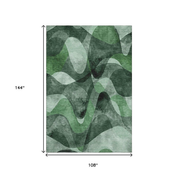 HomeRoots 9' X 12' Modern Abstract Area Rug in Fern Green, Gray & Ivory - Durable, Washable & UV-Protected! 648081