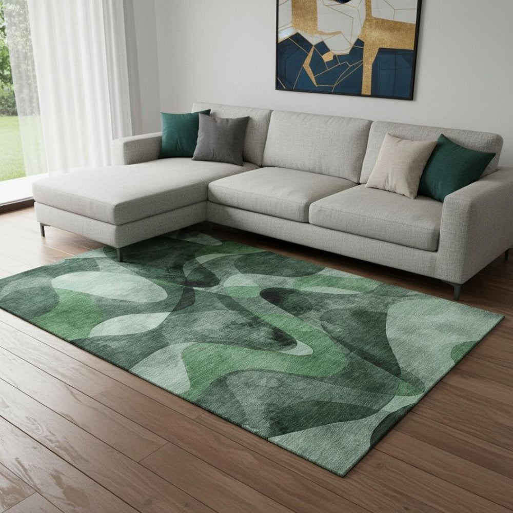 HomeRoots 9' X 12' Modern Abstract Area Rug in Fern Green, Gray & Ivory - Durable, Washable & UV-Protected! 648081