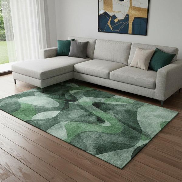 HomeRoots 9' X 12' Modern Abstract Area Rug in Fern Green, Gray & Ivory - Durable, Washable & UV-Protected! 648081