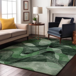 HomeRoots 9' X 12' Modern Abstract Area Rug in Fern Green, Gray & Ivory - Durable, Washable & UV-Protected! 648081