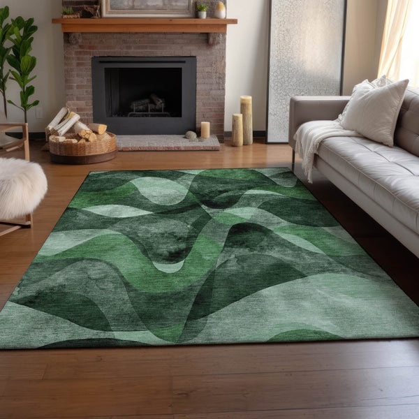 HomeRoots 9' X 12' Modern Abstract Area Rug in Fern Green, Gray & Ivory - Durable, Washable & UV-Protected! 648081