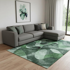 HomeRoots 10' Fern Green, Gray & Ivory Abstract Washable Area Rug - Durable, UV-Protected, Easy-Care Design! 648082