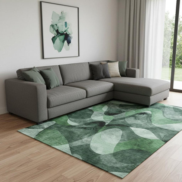 HomeRoots 10' Fern Green, Gray & Ivory Abstract Washable Area Rug - Durable, UV-Protected, Easy-Care Design! 648082