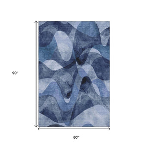 HomeRoots 5' Navy Blue and Ivory Abstract Washable Area Rug - Durable, Pet-Friendly, UV Protected Design for Homes 648084