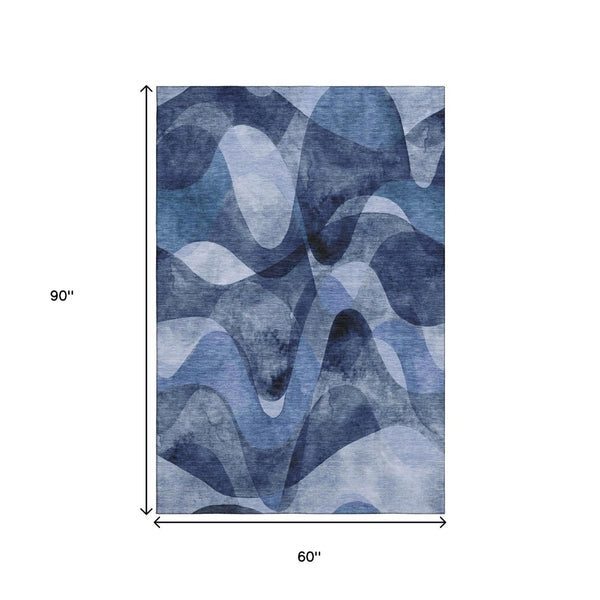 HomeRoots 5' Navy Blue and Ivory Abstract Washable Area Rug - Durable, Pet-Friendly, UV Protected Design for Homes 648084