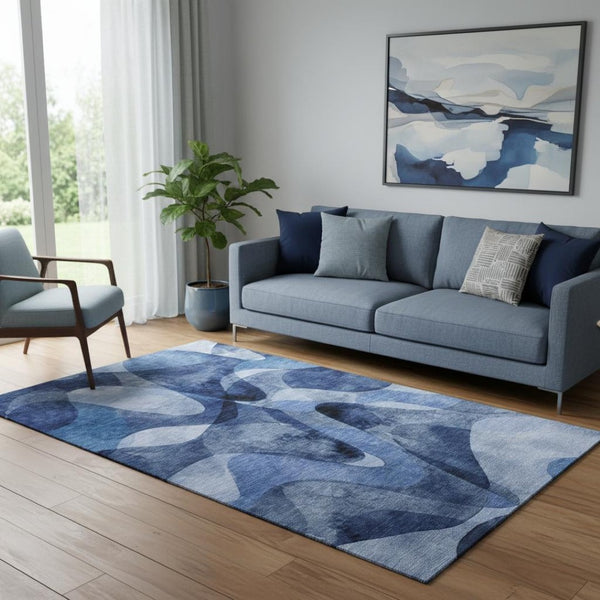 HomeRoots 5' Navy Blue and Ivory Abstract Washable Area Rug - Durable, Pet-Friendly, UV Protected Design for Homes 648084