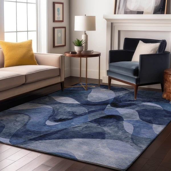 HomeRoots 5' Navy Blue and Ivory Abstract Washable Area Rug - Durable, Pet-Friendly, UV Protected Design for Homes 648084