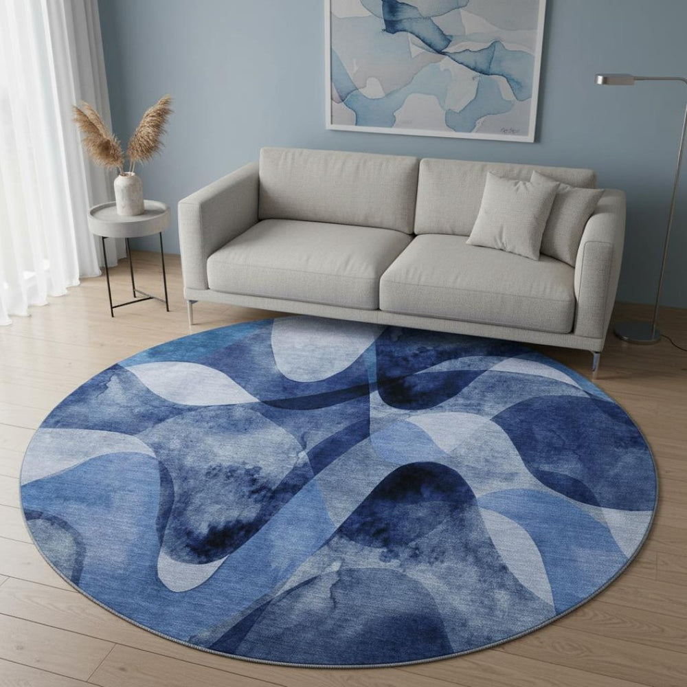 HomeRoots 8' Navy Blue Abstract Round Rug – Washable, UV-Protected, Stain-Resistant for Modern Homes & Patios 648085