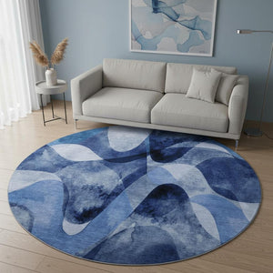 HomeRoots 8' Navy Blue Abstract Round Rug – Washable, UV-Protected, Stain-Resistant for Modern Homes & Patios 648085