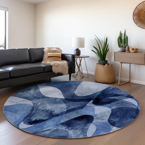 HomeRoots 8' Navy Blue Abstract Round Rug – Washable, UV-Protected, Stain-Resistant for Modern Homes & Patios 648085