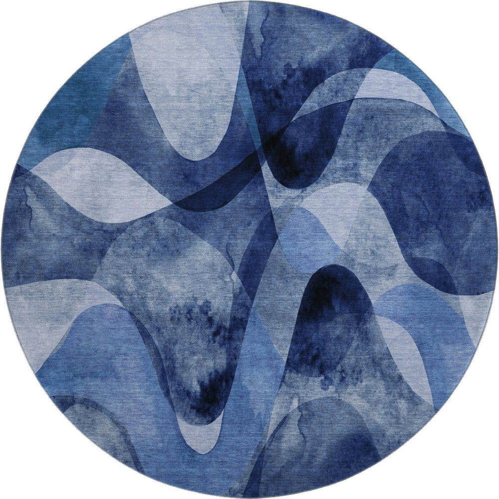 HomeRoots 8' Navy Blue Abstract Round Rug – Washable, UV-Protected, Stain-Resistant for Modern Homes & Patios 648085
