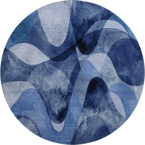 HomeRoots 8' Navy Blue Abstract Round Rug – Washable, UV-Protected, Stain-Resistant for Modern Homes & Patios 648085
