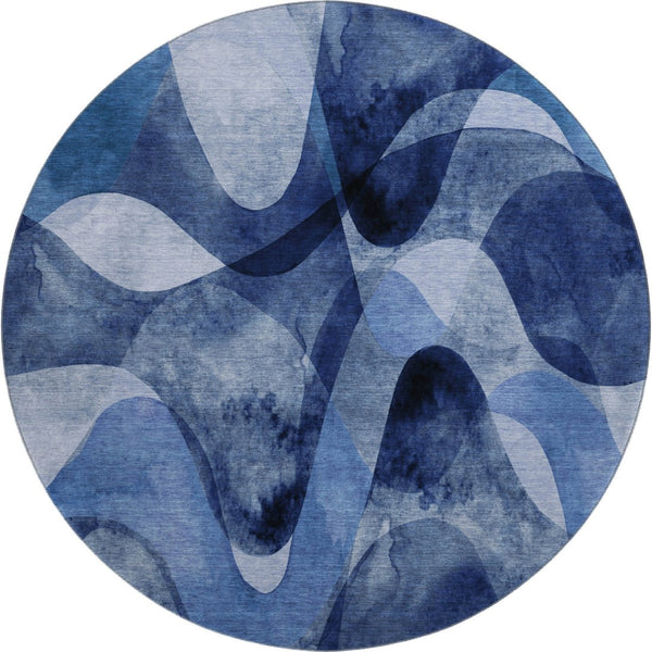HomeRoots 8' Navy Blue Abstract Round Rug – Washable, UV-Protected, Stain-Resistant for Modern Homes & Patios 648085