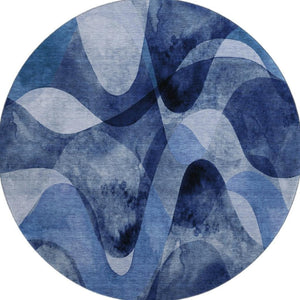 HomeRoots 8' Navy Blue Abstract Round Rug – Washable, UV-Protected, Stain-Resistant for Modern Homes & Patios 648085