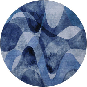 HomeRoots 8' Navy Blue Abstract Round Rug – Washable, UV-Protected, Stain-Resistant for Modern Homes & Patios 648085