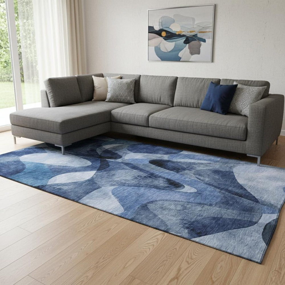 HomeRoots 8' X 10' Navy Blue & Ivory Abstract Washable Area Rug - Durable, UV Protected & Stylish for Homes 648086