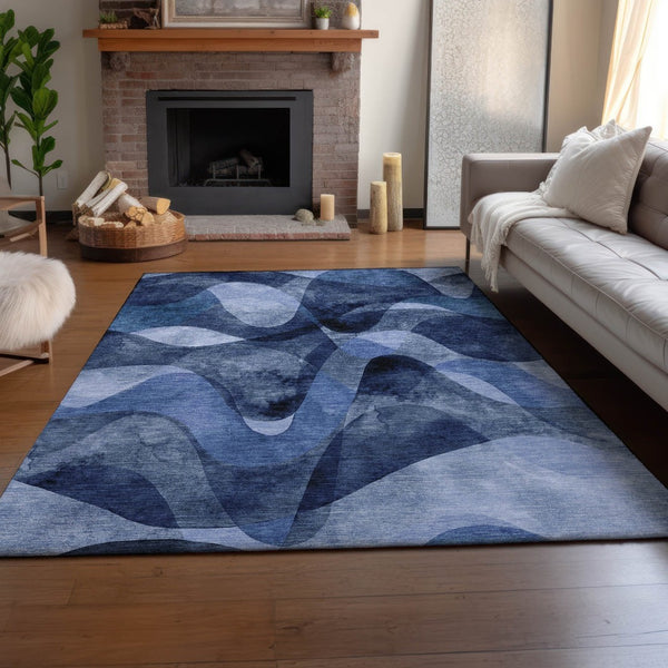 HomeRoots 9' X 12' Navy Blue & Ivory Abstract Area Rug - Washable, Stain Resistant, UV Protected & Durable Design 648087